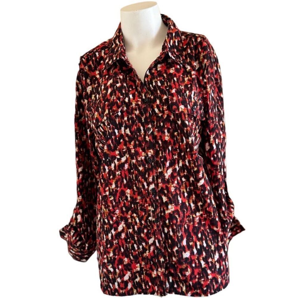 Notations XL womens red black cheetah blouse collared long sleeve